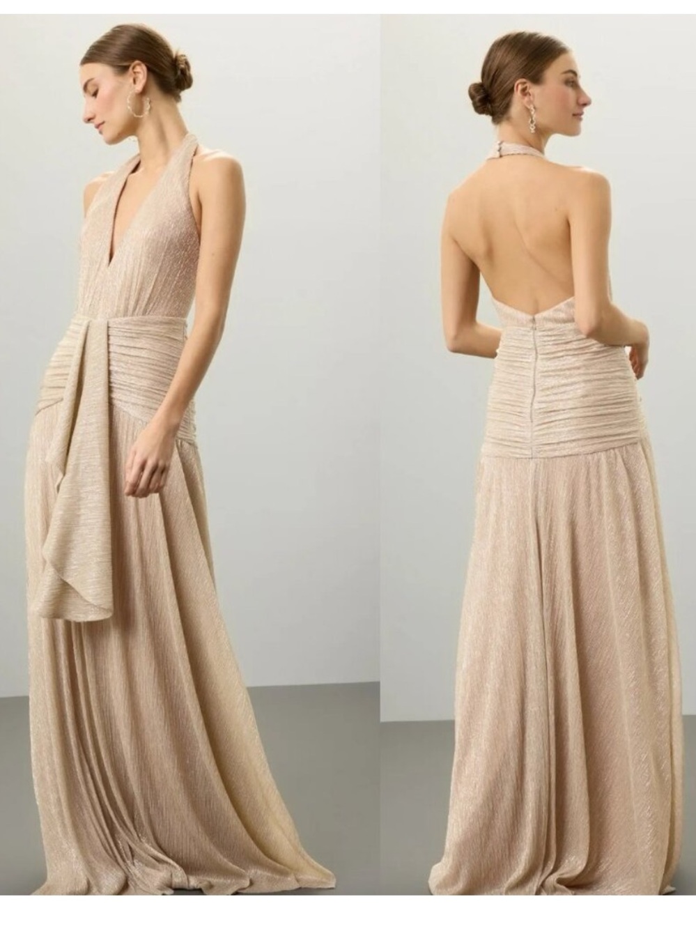 PatBo Lurex Draped Maxi Dress Gold Champagne Metallic Halter Sz 8